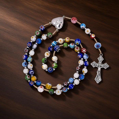 Colorful Murano Millefiori Glass Catholic Rosary Our Lady of Grace Locket Medal & Cross - Nazareth Store