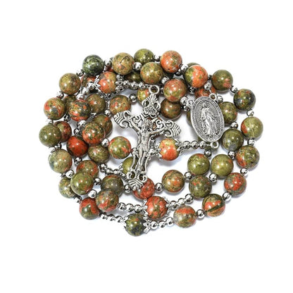 Natural Agate Green Flower Beads Rosary Necklace with Silver Miraculous Medal with Cross - Nazareth Store