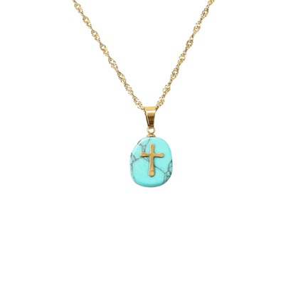 Natural Blue Sapphire Stone Cross Pendant Stainless Steel Clavicle Chain Necklace - Nazareth Store