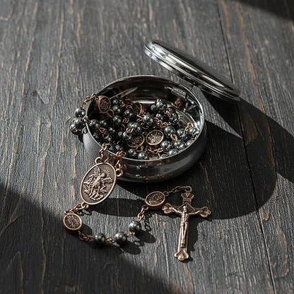 Black Hematite Copper St. Michael Stone Beads Rosary Necklace with Metal Box - Nazareth Store