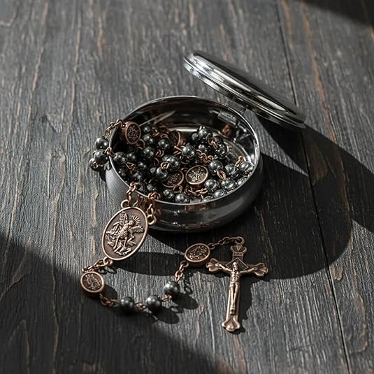 Black Hematite Copper St. Michael Stone Beads Rosary Necklace with Metal Box - Nazareth Store
