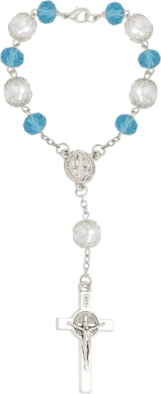 Nazareth Store Blue One Decade Car Rosary with St. Benedict Medal & Rearview Mirror Charm - Nazareth Store