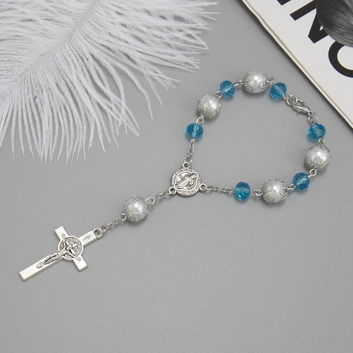 Nazareth Store Blue One Decade Car Rosary with St. Benedict Medal & Rearview Mirror Charm - Nazareth Store
