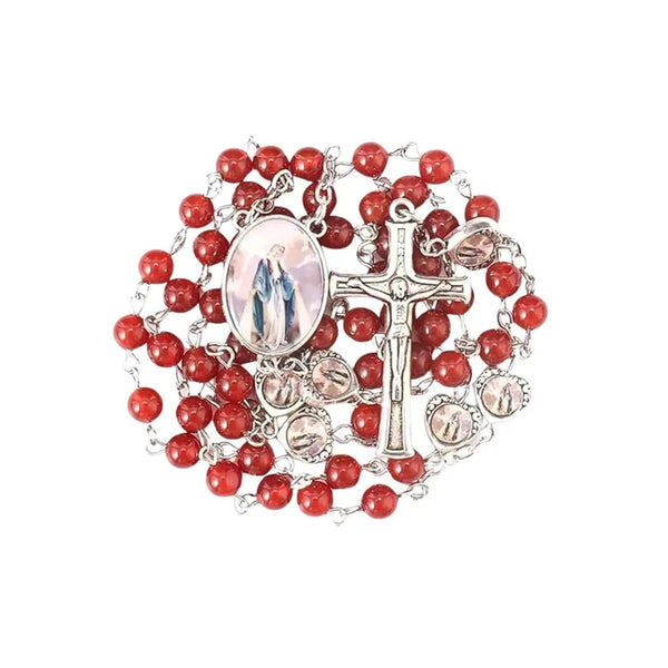 Natural Stone Beads Rosary Epoxy Heart Metal Beads with Miraculous Medal - Nazareth Store