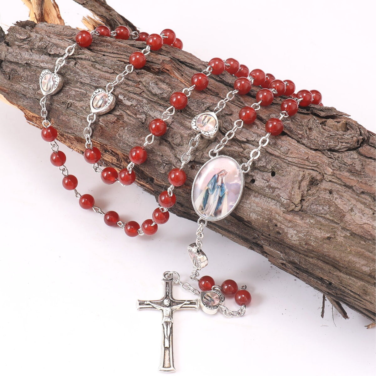 Natural Stone Beads Rosary Epoxy Heart Metal Beads with Miraculous Medal - Nazareth Store