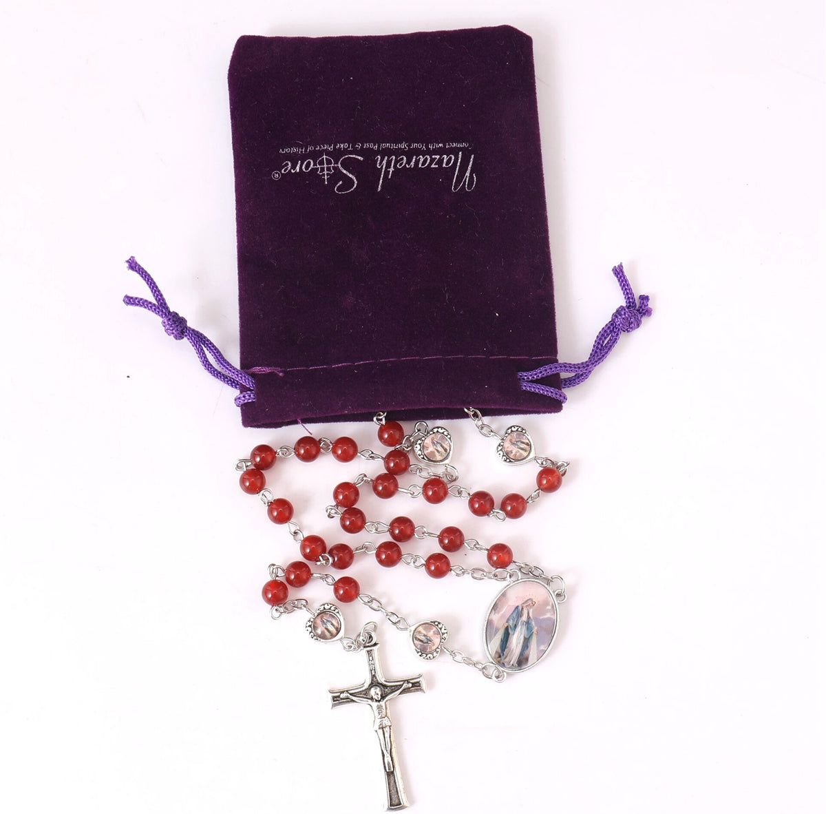 Natural Stone Beads Rosary Epoxy Heart Metal Beads with Miraculous Medal - Nazareth Store