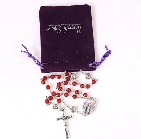 Natural Stone Beads Rosary Epoxy Heart Metal Beads with Miraculous Medal - Nazareth Store