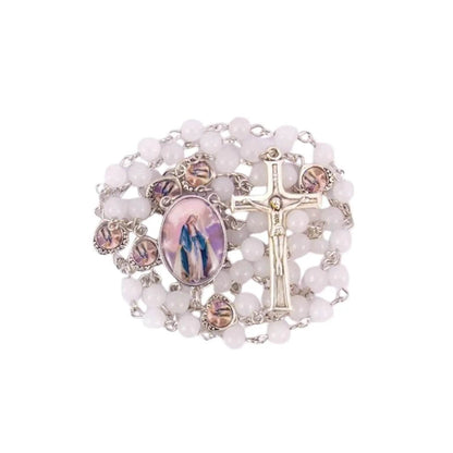 Natural Stone Beads Rosary Epoxy Heart Metal Beads with Miraculous Medal - Nazareth Store