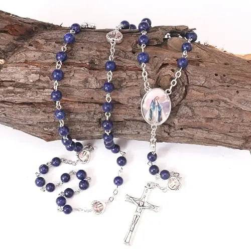 Natural Stone Beads Rosary Epoxy Heart Metal Beads with Miraculous Medal - Nazareth Store