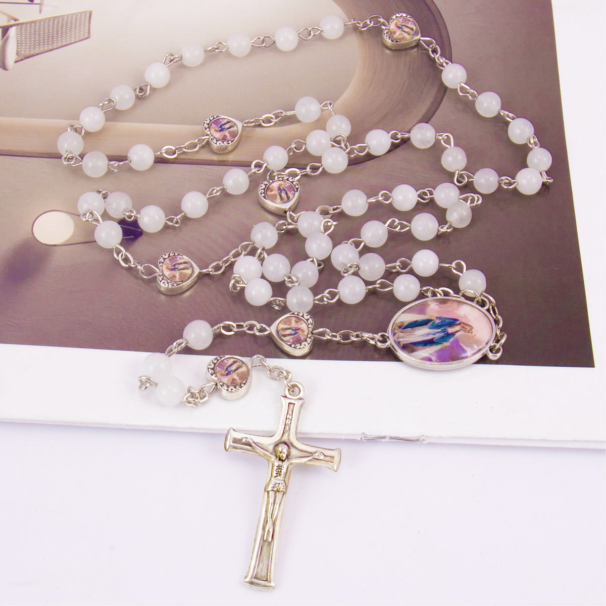 Natural Stone Beads Rosary Epoxy Heart Metal Beads with Miraculous Medal - Nazareth Store
