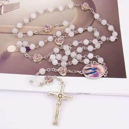 Natural Stone Beads Rosary Epoxy Heart Metal Beads with Miraculous Medal - Nazareth Store