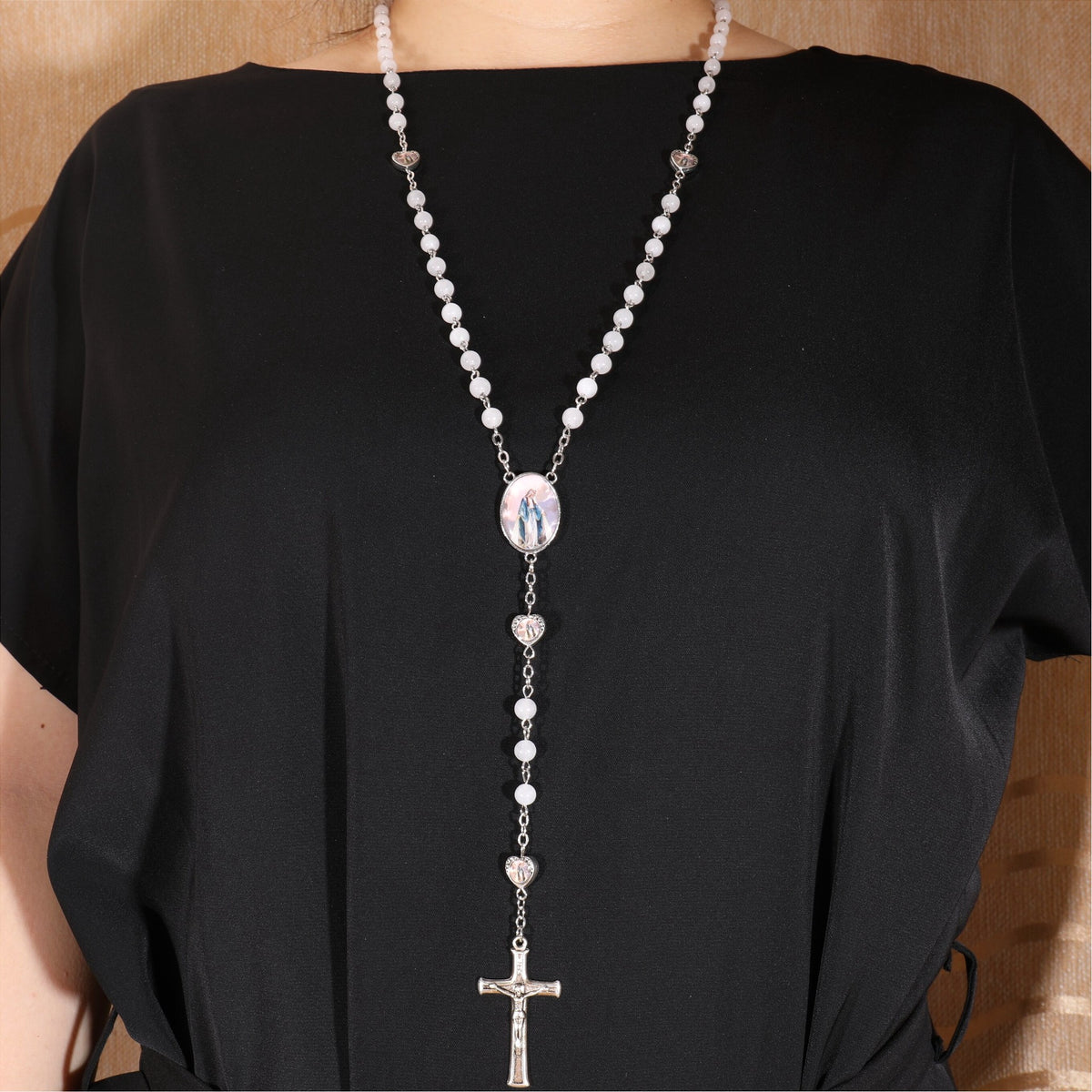 Natural Stone Beads Rosary Epoxy Heart Metal Beads with Miraculous Medal - Nazareth Store