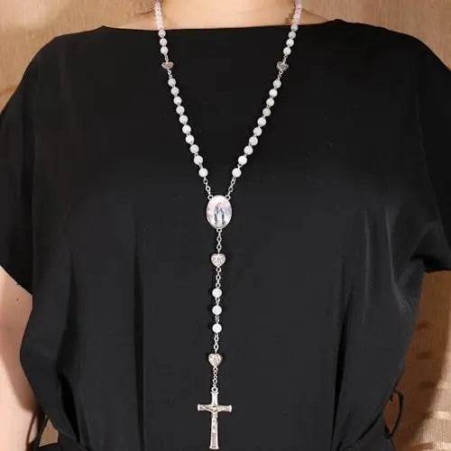 Natural Stone Beads Rosary Epoxy Heart Metal Beads with Miraculous Medal - Nazareth Store