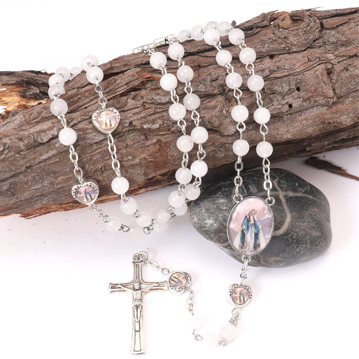 Natural Stone Beads Rosary Epoxy Heart Metal Beads with Miraculous Medal - Nazareth Store