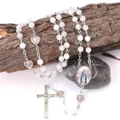 Natural Stone Beads Rosary Epoxy Heart Metal Beads with Miraculous Medal - Nazareth Store