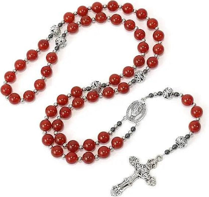 Red Garnet Stone Rosary Necklace Miraculous Medal & Silver Crucifix - Nazareth Store