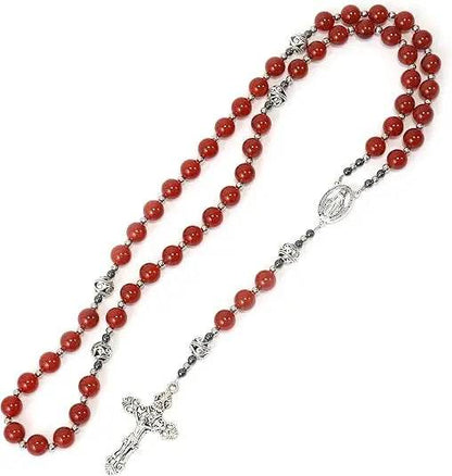 Red Garnet Stone Rosary Necklace Miraculous Medal & Silver Crucifix - Nazareth Store