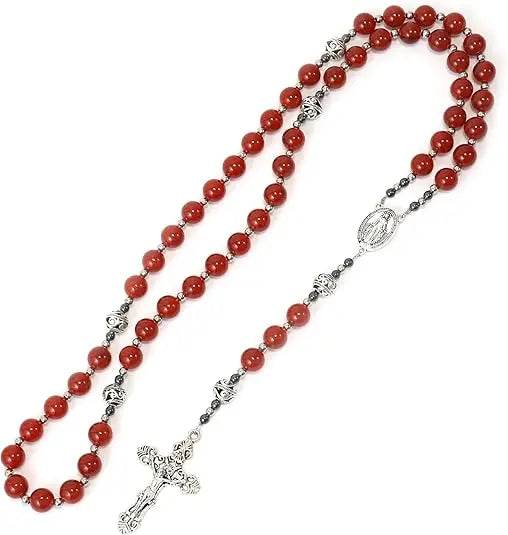 Red Garnet Stone Rosary Necklace Miraculous Medal & Silver Crucifix - Nazareth Store