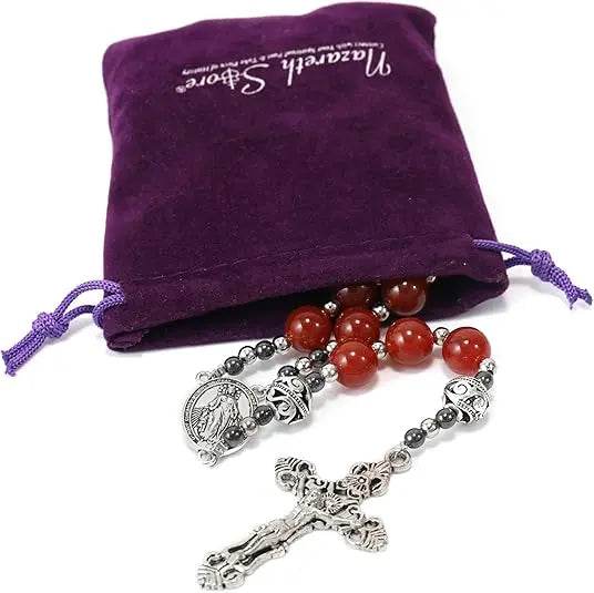 Red Garnet Stone Rosary Necklace Miraculous Medal & Silver Crucifix - Nazareth Store