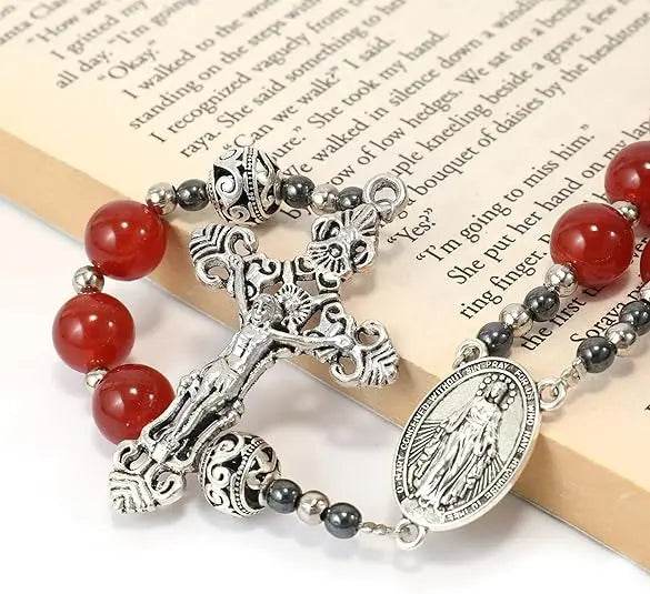 Red Garnet Stone Rosary Necklace Miraculous Medal & Silver Crucifix - Nazareth Store