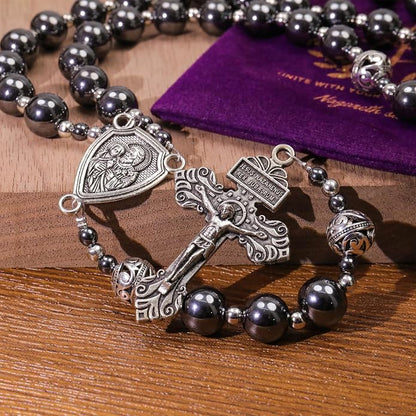 Black Stone Hematite Rosary Necklace Metal Beaded with Saint Joseph Medal & Cross-Nazareth Store 