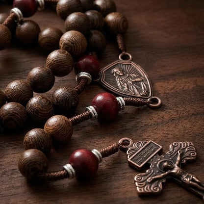 Handmade Wooden Beads Rosary Necklace with Our Father Medal & Crucifix Religious Gift - Nazareth Store
