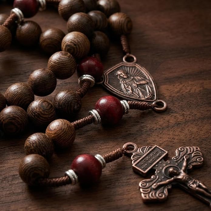 Handmade Wooden Beads Rosary Necklace with Our Father Medal & Crucifix Religious Gift - Nazareth Store