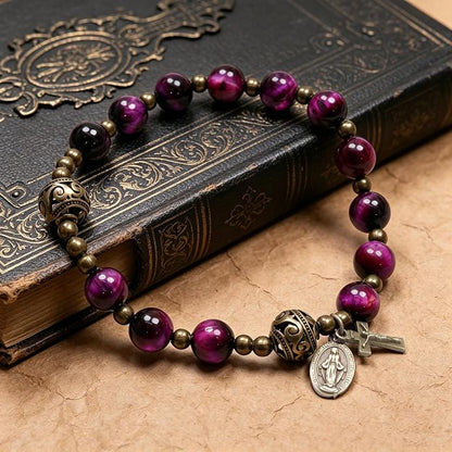 Purple Tiger Eye Rosary Bracelet Metal Separators with Miraculous Medal & Cross Wrist Jewelry - Nazareth Store