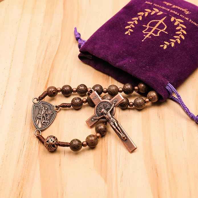Olive Wood Rosary Necklace Metal Glory Beads with St. Michael Medal & Cross Crucifix
