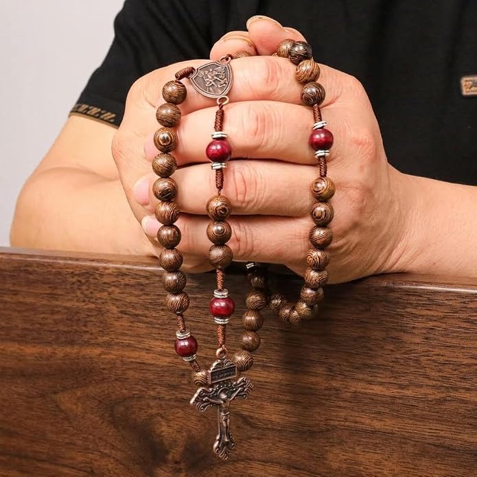 Handmade Wooden Beads Rosary Necklace with Saint Michael Medal & Crucifix Religious Gift - Nazareth Store 