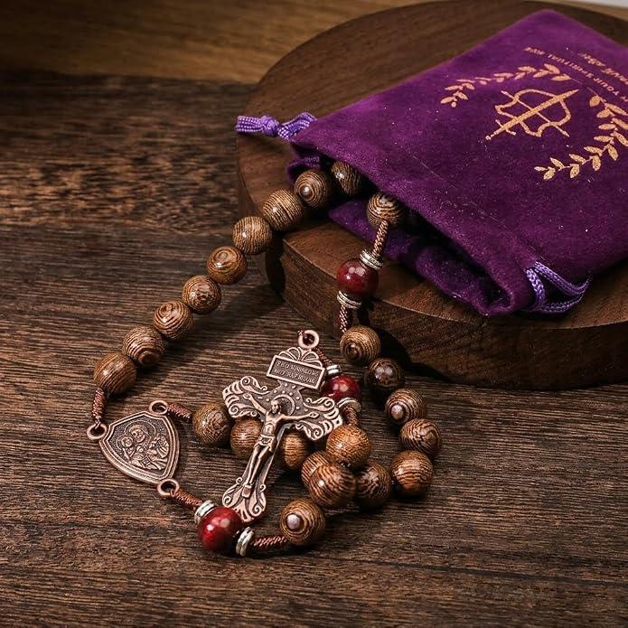 Handmade Wooden Beads Rosary Necklace with St. Joseph Medal & Crucifix Religious Gift - Nazareth Store 