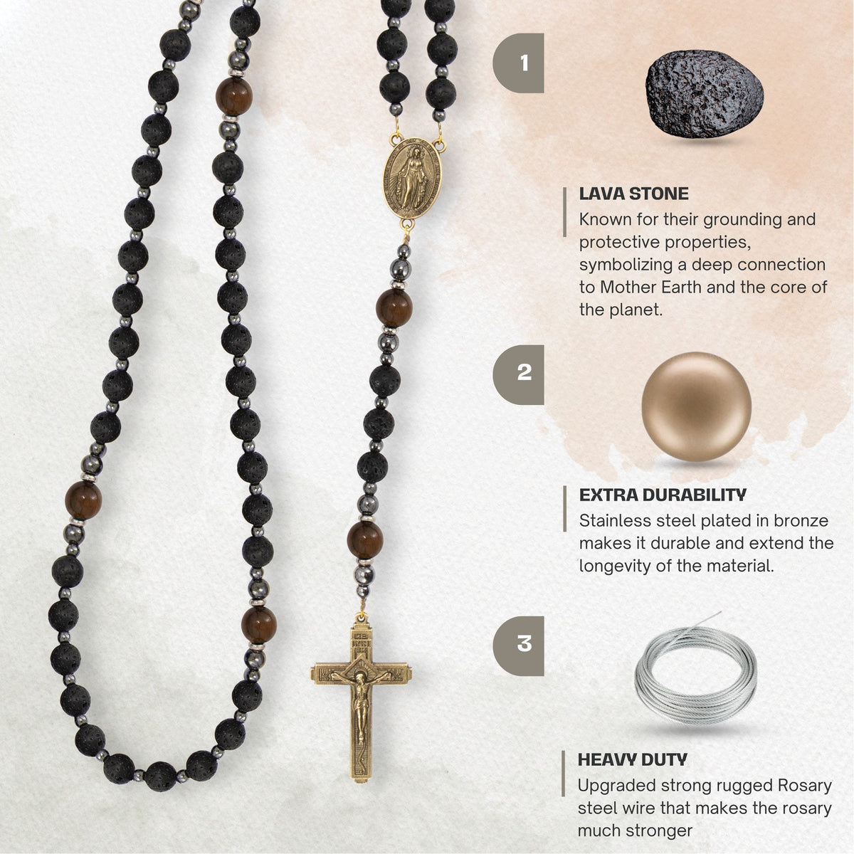 Black Lava Stone Rosary with Yellow Tiger Eye Miraculous Medal & Cross Necklace for Men's - Nazareth Store