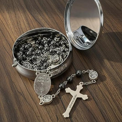 Black Hematite Silver St. Michael Stone Beads Rosary Necklace with Metal Box - Nazareth Store