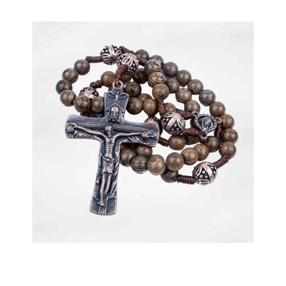 Our Father Wood Rosary Beads Necklace Large Antique Cross 20"