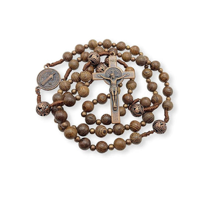 Olive Wood Rosary Necklace Catholic Solid Wooden Beads with St. Benedict Medal & Cross Crucifix - Nazareth Store