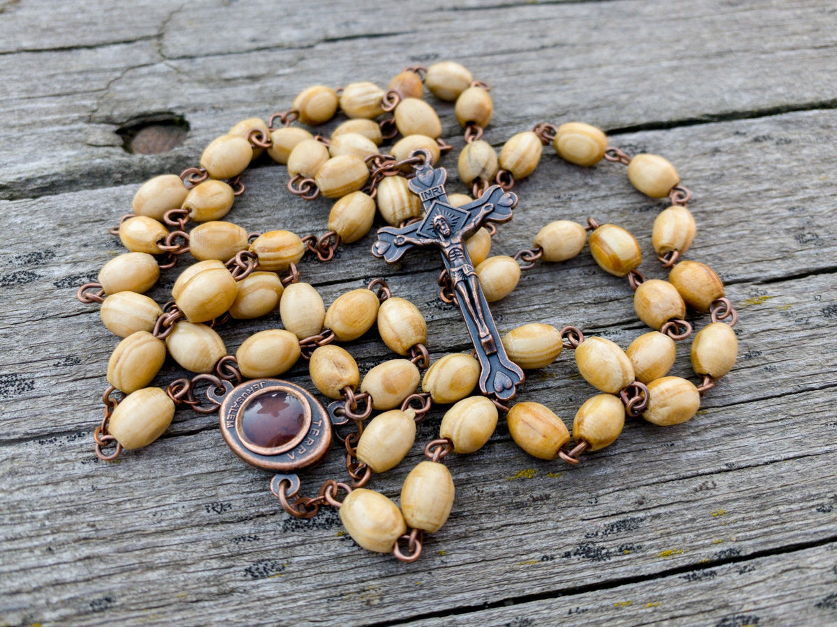 Olive Wood Beads Catholic Rosary Necklace with Holy Mary Medal & Bronze Cross - Nazareth Store