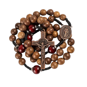 Rosario Sagrado de Madera San Benito Madera Maciza y Cuentas de Metal Coronilla Católica 20"