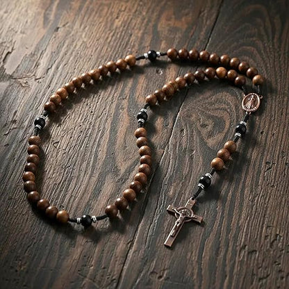 10mm olive and 10mm black wood mystery beads, this rosary offers a bold, strong design that’s perfect for men. 