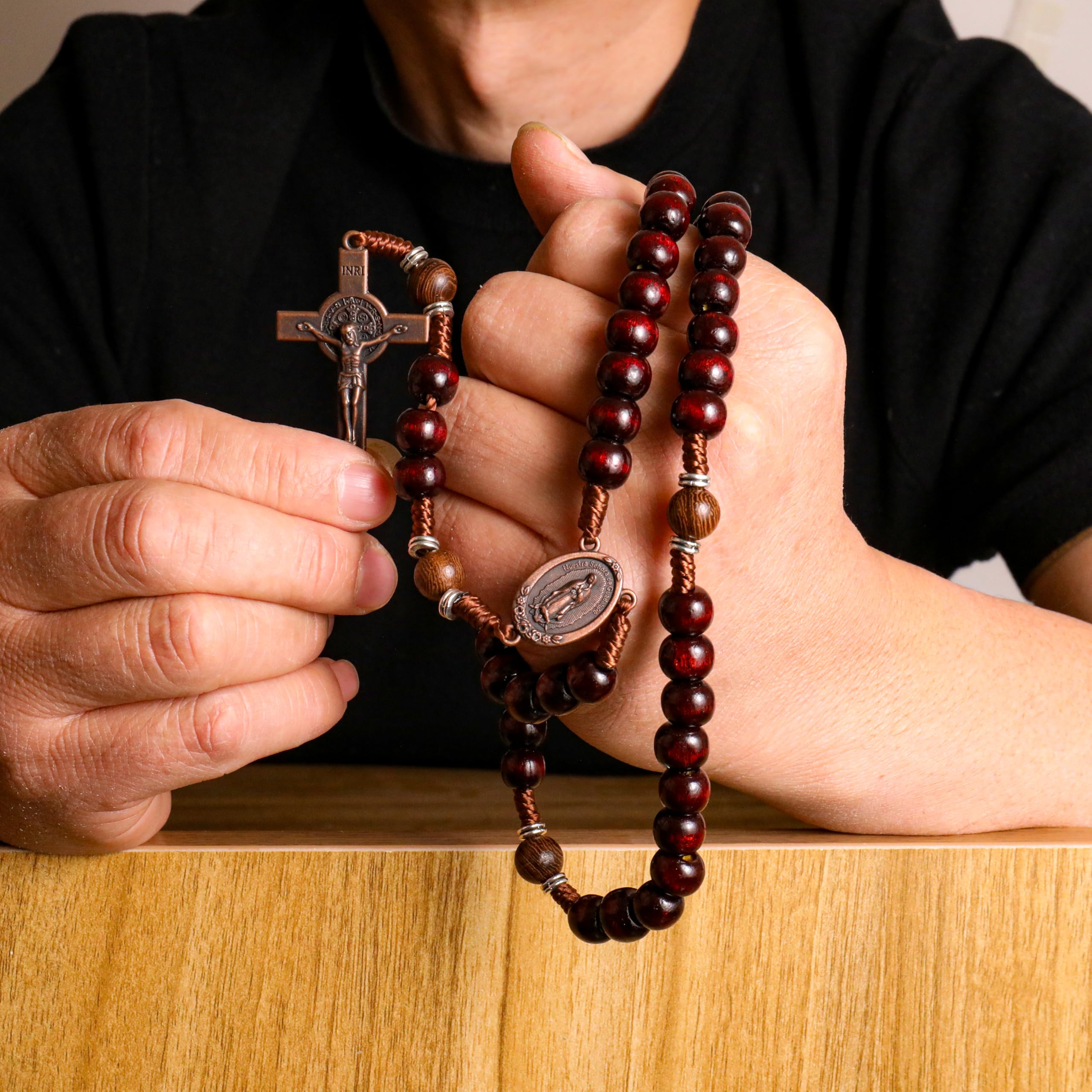 10mm dark red and 10mm Olive wood mystery beads, this rosary offers a bold, strong design that’s perfect for men.