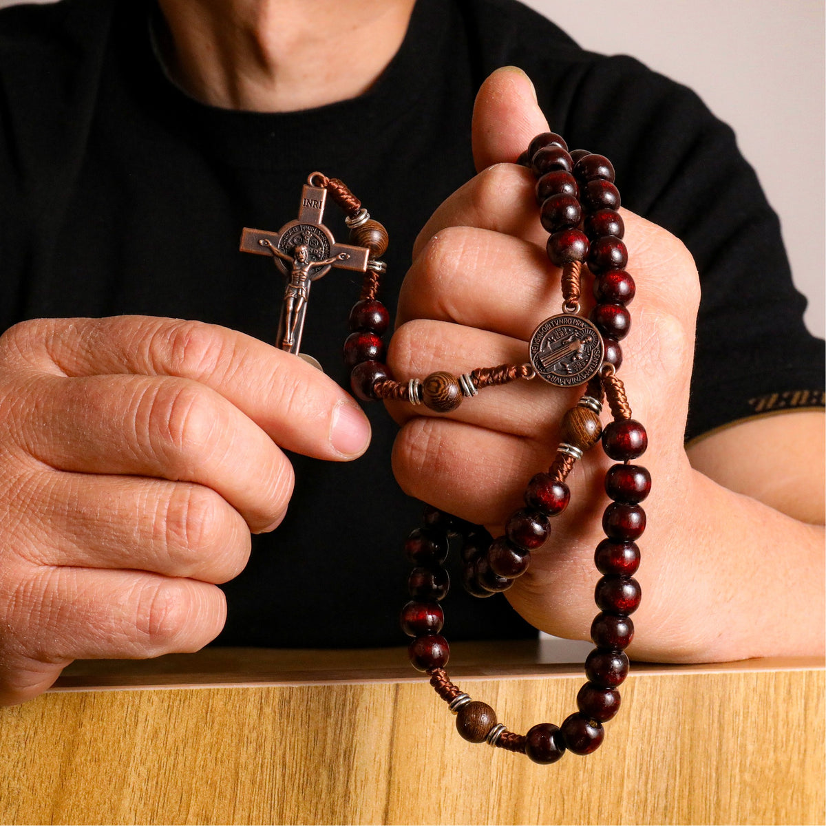 10mm dark red and 10mm Olive wood mystery beads, this rosary offers a bold, strong design that’s perfect for men.