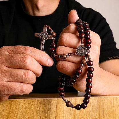 10mm dark red and 10mm Olive wood mystery beads, this rosary offers a bold, strong design that’s perfect for men.