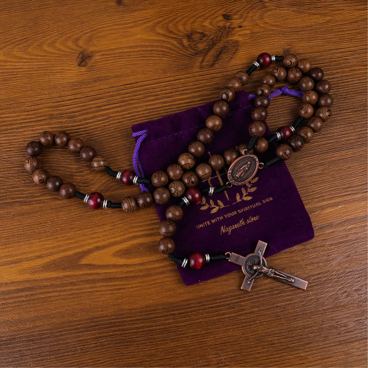 10mm olive wood beads and 12mm dark red wood mystery beads, this rosary offers a bold, strong design that’s perfect for men.