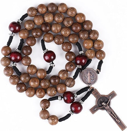 10mm olive wood beads and 12mm dark red wood mystery beads, this rosary offers a bold, strong design that’s perfect for men.