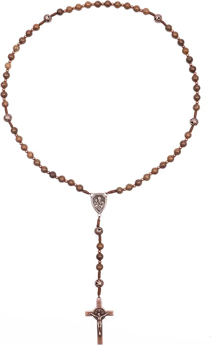 Olive Wood Rosary Necklace Metal Glory Beads with St. Joseph Medal & Cross Crucifix - Nazareth Store 