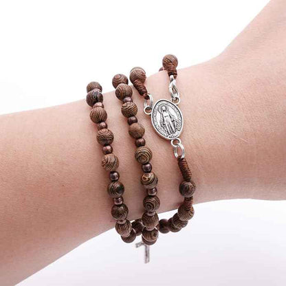 Olive Wooden Rosary Bracelet Necklace with Miraculous Medal & Crucifix Cross Wearable Religious Gift