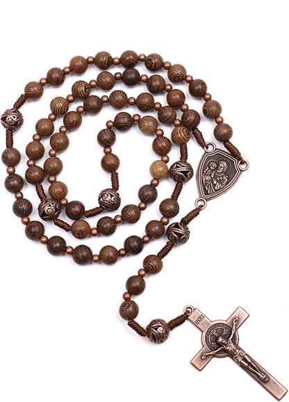 Olive Wood Rosary Necklace Metal Glory Beads with St. Joseph Medal & Cross Crucifix - Nazareth Store 
