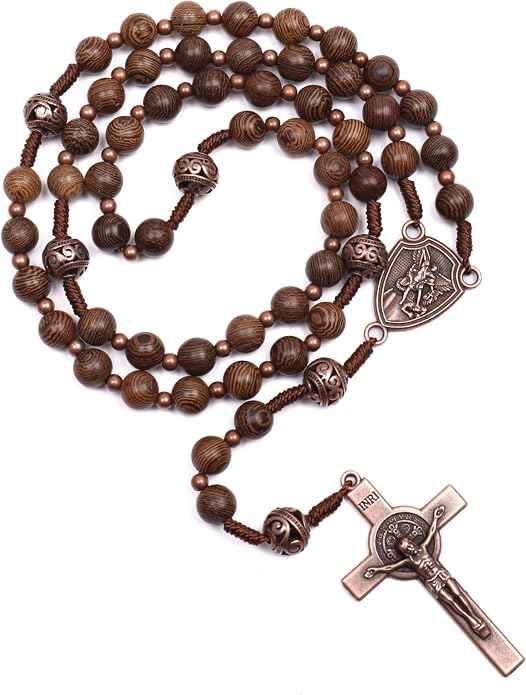 Olive Wood Rosary Necklace Metal Glory Beads with St. Michael Medal & Cross Crucifix