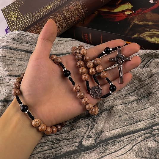 10mm olive and 10mm black wood mystery beads, this rosary offers a bold, strong design that’s perfect for men.