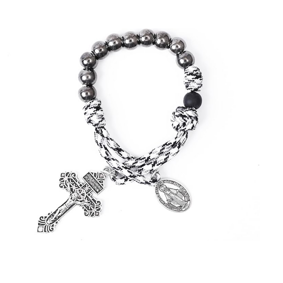 One Decade Black & White Paracord Rosary Silver Beads Pocket  with Miraculous Chaplet Nazareth Store
