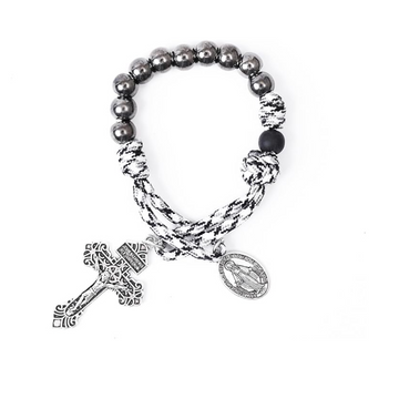 One Decade Black & White Paracord Rosary Silver Beads Pocket  with Miraculous Chaplet Nazareth Store